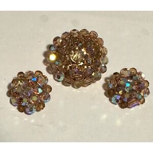 1950's Aurora Borealis Faceted Austrian Crystal Pin & Earrings Set